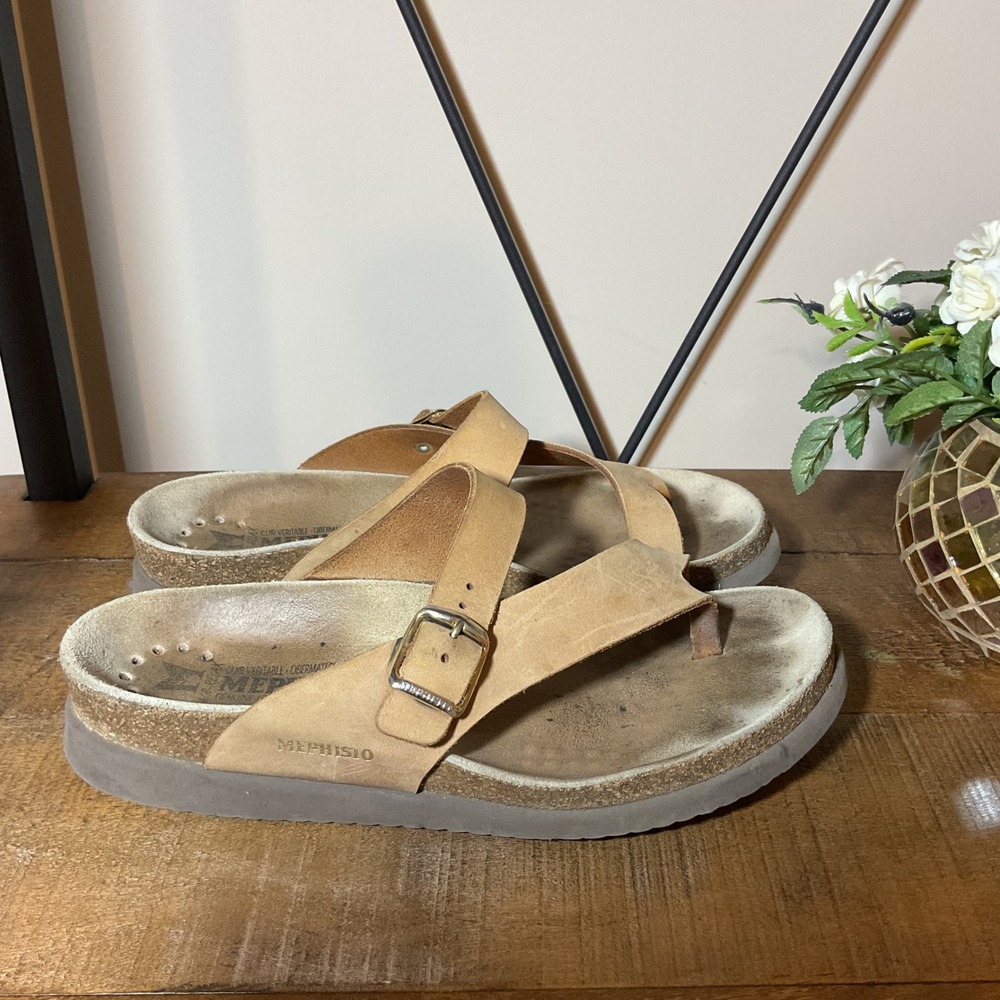 Mephisto Helen Toe Loop Sandals Women 39 Tan Leather Buckle Thong Cork Footbed